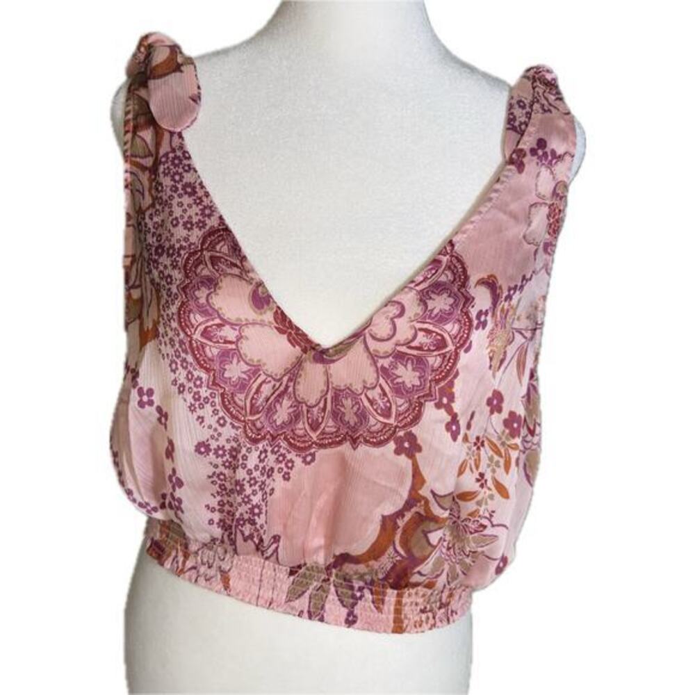 Intimately Free People Pink‎ Floral Paisley Tie Shoulder Smocked Crop Top M